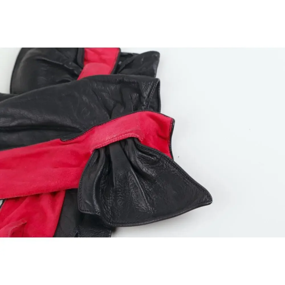 RARE Vintage Pierre Cardin Red Black Leather Suede Bow Gloves Size 7.5 France